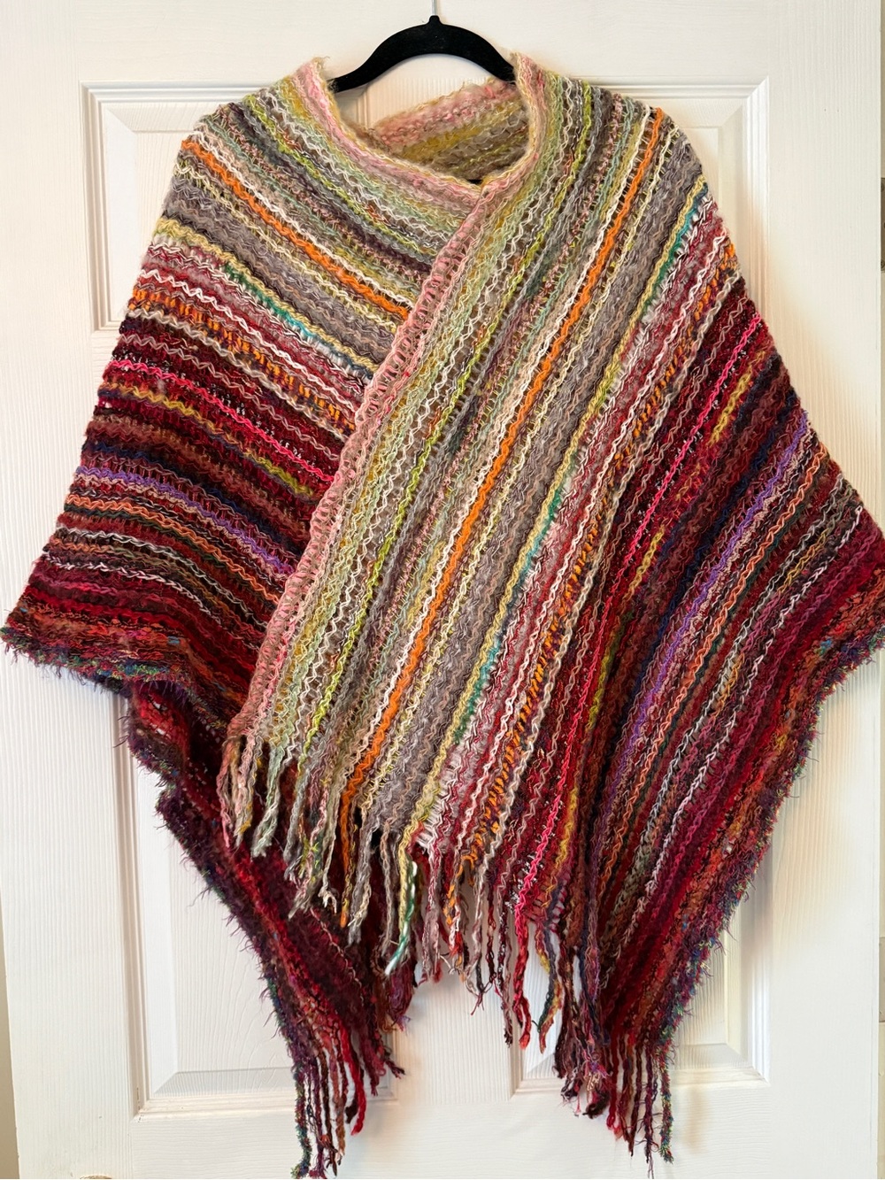 Three Bird Nest Multicolor Striped Knit Poncho with Fringe